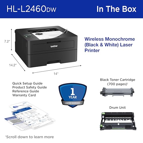 Brother HL-L2460DW Wireless Compact Monochrome Laser Printer with Duplex, Mobile Printing, Black & White Output | Includes Refresh Subscription Trial(1), (Renewed Premium)