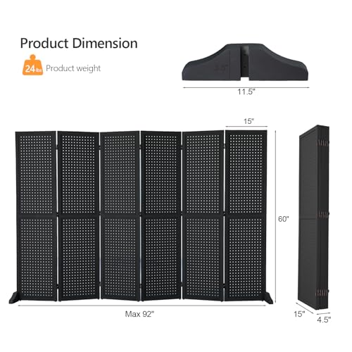Bonnlo 4/6 Panel Pegboard Freestanding, 5 FT Portable Display Board Organizer for Craft Show Jewelry, Wooden Folding Privacy Screen Room Divider (Black, 6 Panel with Base) Bonnlo