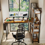 DUMOS L Shaped Desk Corner Computer Table 47 Inch, L-Shaped Gaming Desks with Storage Shelf Reversible, Wood Tables with Side Bag Adjustable Feet for 2 Monitors Small Space Home Office Bedroom, Brown DUMOS