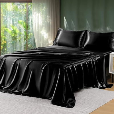 Sasttie Satin Sheets Queen Size - 4 Pieces Luxury Soft Black Silky Bed Sheets Set with Pillowcases - Smooth Silk-Like Satin Fabric, Reinforced 14 Inches Pocket, Oeko-Tex Certified