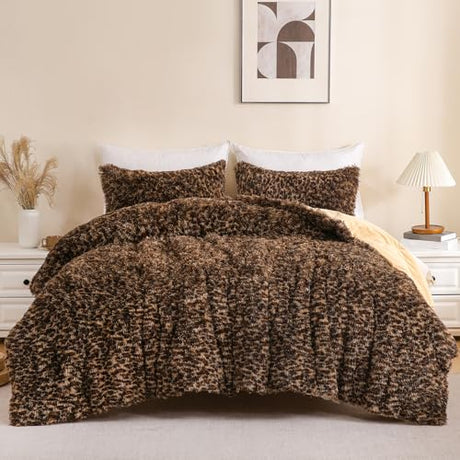 Melo10PM Leopard Print Fluffy Faux Fur Comforter Set Queen Size, 3 Pieces Brown Cheetah Plush Shaggy Fuzzy Bedding Set, Ultra Soft Luxury Furry Boho Animal Print Winter Warm Comforter for Women Gilrs Melo10PM