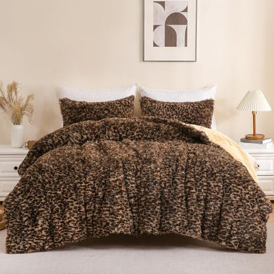 Melo10PM Leopard Print Fluffy Faux Fur Comforter Set Queen Size, 3 Pieces Brown Cheetah Plush Shaggy Fuzzy Bedding Set, Ultra Soft Luxury Furry Boho Animal Print Winter Warm Comforter for Women Gilrs