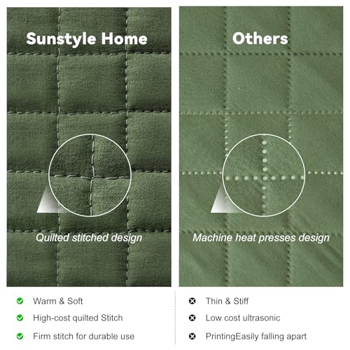 SunStyle Home Olive Green Quilt King Size, Lightweight Comforter Blanket Bedspread Soft Reversible Coverlet for All Season 3pcs Army Green Square Quilted Bedding Set (1 Quilt 2 Pillow Shams)(106"x96") SunStyle Home