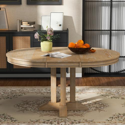 JIJIWANG Round Extendable Dining Table with 16” Leaf,Farmhouse Oval Kitchen Table with Solid Wood Frame for 4-6(Natural Wood Wash) - WoodArtSupply