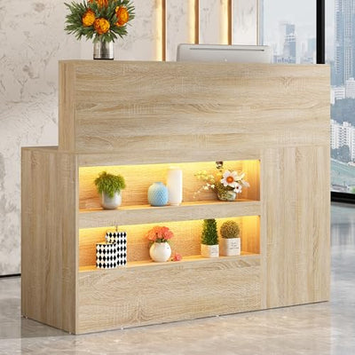 55" Reception Desk with LED Lights Power Outlets,L-Shaped Modern Front Table Reception Room Table with Cable Grommet,Lockable Drawers,Retail Checkout Counter for Lobby,Salon,Home Office Desk,Oak
