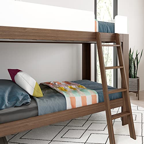 Max & Lily Mid-Century Modern Twin Over Twin Solid Wood Bunk Bed in Walnut/White - WoodArtSupply