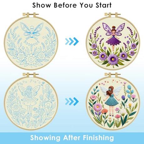 ERKOON Embroidery Kit for Beginners, 2 Set Flower Cross Stitch Set Include Embroidery Cloth Hoops Threads for Craft Lover Hand Stitch with Embroidery Skill Techniques (Angel) ERKOON