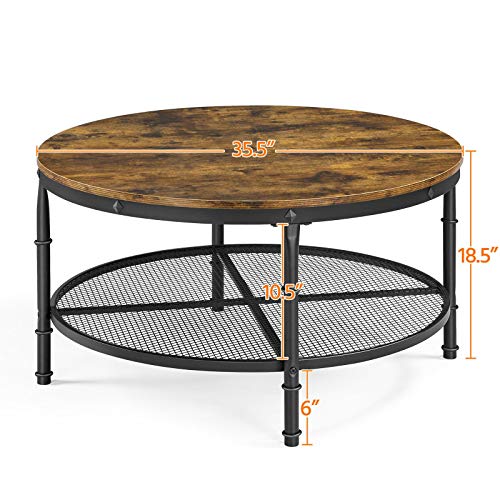 Yaheetech 35.5 Inch Round Coffee Table，Wooden 2 Tier Circle Coffee Table for Living Room, Industrial Coffee Table Set for Small Space, Rustic Brown - WoodArtSupply