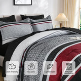 WONGS BEDDING 7 Pieces Comforter Set Queen Size, Black-red Striped Bed in a Bag Comforter and Sheet Set, Black Boho Soft Lightweight Micorfiber Bedding Set for All Season (90"×90") WONGS BEDDING