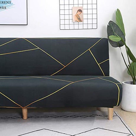 MIFXIN Armless Sofa Bed Cover Stretch Spandex Futon Slipcover Folding Couch Non-Armrest Sofa Furniture Protector for 3 Seater Full Size Black Folding Sofa Bed Without Armrests (Printed-01) MIFXIN