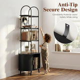 Tall Vinyl Record Player Stand, 4 Tier Arched Bookshelf with Sliding Doors, Retro Small Record Storage Cabinet, Fluted Media Display Shelf, Mid Century Modern Turntable Stand for Living Room, Black Quelthar