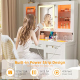 Semoic White Makeup Vanity Desk with LED Mirror and RGB Lights and Power Outlet, Morden Glass Top Vanity Table with Drawer & Storage Cabinet & Adjustable Shelves, Large Dressing Table for Bedroom Semoic