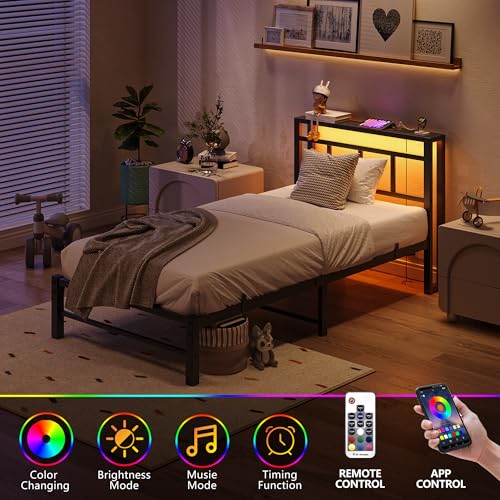 Maliacife Twin Bed Frame with Headboard,Single Bed Frame with Charging Station and LED Lights,Metal Platform Bed Twin Sizes,No Box Spring Needed,Easy Assembly,Black (Sand Black, Twin) Maliacife
