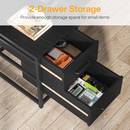 Tribesigns 55 Inch Computer Desk with 2 Drawers and Storage Shelves, Rustic Office Desk with Hutch, Study Writing Gaming Table Laptop Workstation for Home Office (Black) Tribesigns