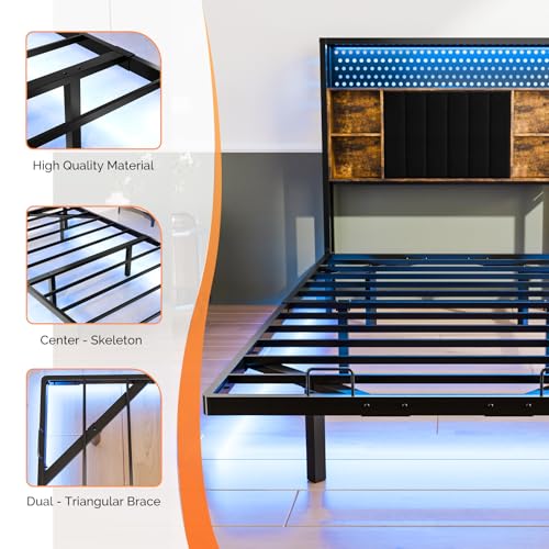 VINGLI Floating Bed Frame Twin Bed with Charging Station and LED Lights,Twin Metal Bed Frame,Cozy Hidden Storage Velvet Upholstered Headboard,No Box Spring Needed,Easy Assembly,Black VINGLI