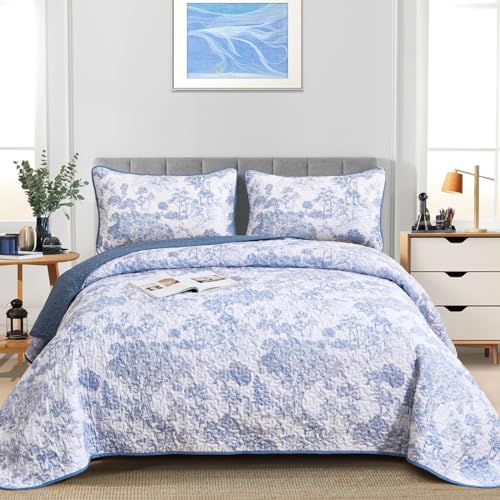 WONGS BEDDING Botanical Quilt Set California King Size, 3 Pieces Blue Toile Floral Plants Printed Bedspread Bedding Set Soft Lightweight Microfiber Coverlet Set for All Season (112"×96") WONGS BEDDING