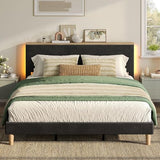 Bestier King Bed Frame with Adjustable Headboard & LED Lighting, Corduroy Upholstered Platform Bed Frame with Storage Shelf, Solid Wood Slats, No Box Spring Needed, Never Squeak, Easy Assembly, Black Bestier