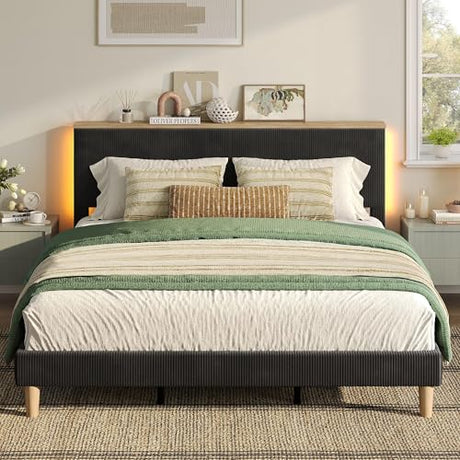 Bestier King Bed Frame with Adjustable Headboard & LED Lighting, Corduroy Upholstered Platform Bed Frame with Storage Shelf, Solid Wood Slats, No Box Spring Needed, Never Squeak, Easy Assembly, Black Bestier