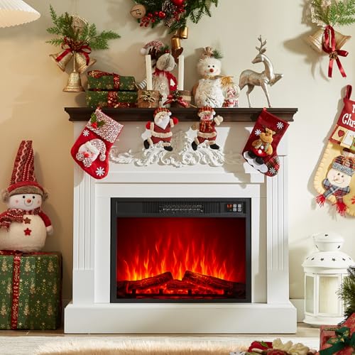SOOWERY Electric Fireplace with Mantel, Fireplace TV Stand with Replaceable Fireplace Insert, Farmhouse Entertainment Center with Fireplace Heater for Living Room, White & Brown SOOWERY
