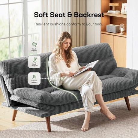 Marsail Futon Sofa Bed, 66” Futon Couch with Adjustable Backrest & Armrests, Convertible Small Sleeper Sofa Bed for Small Apartments, Study Room, Office, Corduroy Loveseat, Grey Marsail