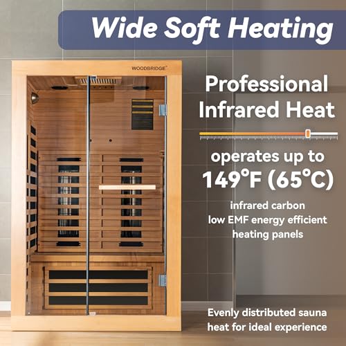 WOODBRIDGE Infrared Home Sauna Room 2 Person Hemlock Wooden Indoor Sauna,7 Carbon 1980W/120V Heaters,with Led Color Therapy Light,Bluetooth Speaker,Tempered Glass,Touch-Tone Keypad and A Top Vent