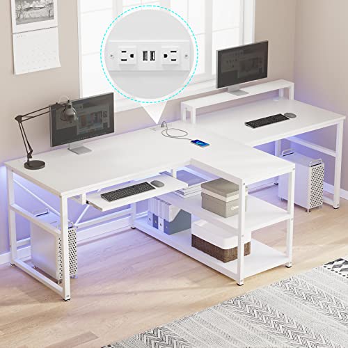 SEDETA 94.5" White Computer Desk, Two Person Gaming Desk with LED Light, Keyboard Tray, Power Strip with USB, Monitor Shelf & Storage, Extra Long Double Desk for Home Office, White. - WoodArtSupply