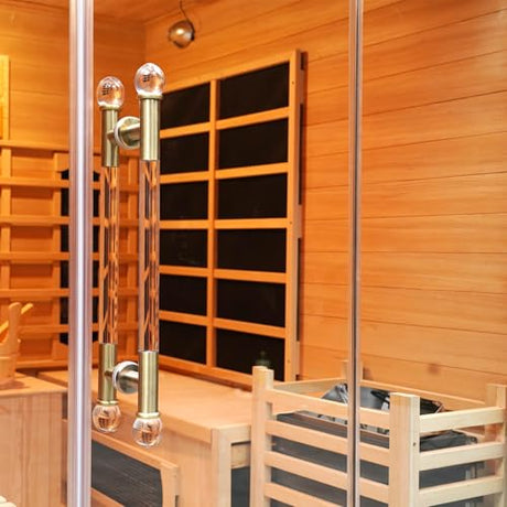 Wood Home Hybrid Sauna for 3 Person, Far Infrared & Steam Dual System Indoor Traditional Saunas, 3KW 9 Heating Elements and 6KW Heating Stove, Speaker, Oxygen Bar, Water Bucket, Rocks, Red Cedar Smartmak