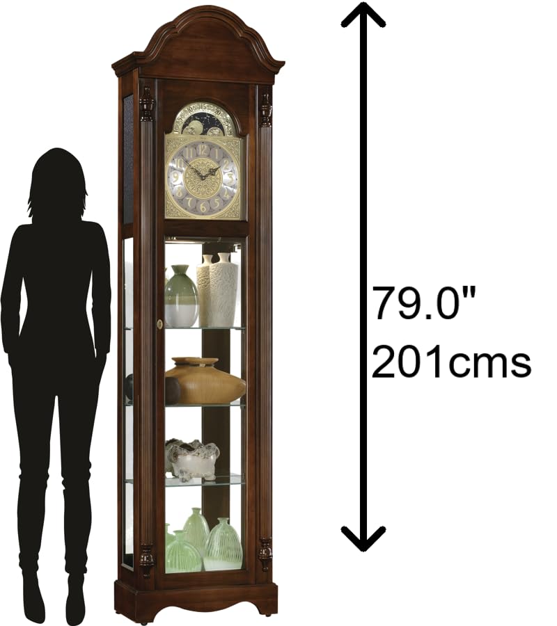 Howard Miller Ridgeway Clarksburg Curio Floor Clock II 2041 – Country Maple Finish Wood Frame, Three Glass Shelves, Interior Light, Vertical Home Decor, Quartz Movement Howard Miller