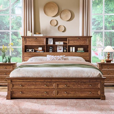 Farmhouse King Size Bed Frame with 54" Tall Headboard, Headboard with 4 Storage Rack, 2 Drawers, Wood Platform Bed Frame,18" Roman Column Decoration Footboard, No Box Spring Needed(Reclaimed Barnwood) T4TREAM