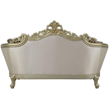 Acme Gorsedd Loveseat with 4 Pillows in Cream Fabric and Golden Ivory Acme