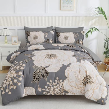 Luxudecor Floral King Comforter Set 7 Pieces Bed in a Bag, White Flower Print on Grey Bedding Set, Soft Reversible Comforter with Sheet Set 104"x90" Luxudecor