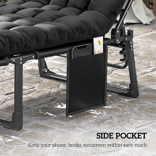 Outsunny Chaise Lounge Chair Outdoor Set of 2, 5-Position Reclining Pool Lounge Chairs with Cushions, Side Pocket, Headrest, Folding Lounger Tanning Chair Camping Cot for Patio, Beach, Black