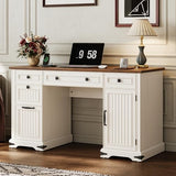 IRONCK 55'' Farmhouse Desk Home Office with Drawers, Wooden Computer Desk with Charging Station, File Drawers and Storage Cabinet, Executive Desk for Work, Study Writing, White IRONCK