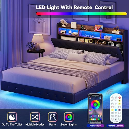 YITAHOME Queen Size Floating Bed Frame with RGB LED Lights and Storage Headboard in Black - WoodArtSupply