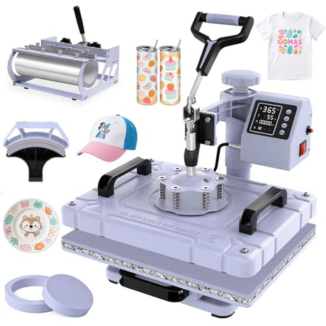 Slendor Heat Press Machine Sublimation Heat Press 360° Swing Away Heat Transfer Digital T-Shirt Pressing with 30OZ 20OZ Tumbler Press, Multifunction Combo for Hat Cap Plate 12''X15'' 5IN1 Lavender Slendor