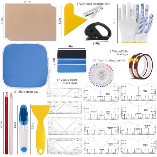 67 Pcs Sublimation Shirts Tool Kits for Vinyl Alignment,Portable Pad for Ironing,T-Shirt Rulers Guide and Teflon Sheet for Cricut Heat Press HTV Vinyl Center Designs,Craft Sewing Accessories DNSGOOR