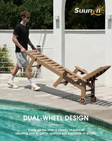 SUUNYN Chaise Lounge Outdoor, Lounge Chair Outdoor with Wood Texture, Adjustable 5-Position Backrest, HDPE Lounge Chair with Wheels & Cup Holder for Pool Deck Backyard, Teak