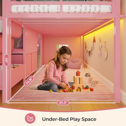 ADORNEVE Low Loft Bed Twin Size with Bookshelf, Reading Nook, LED Kids Loft Bed with 3 Drawers, Under-Bed Play Space, House Loft Beds with Safety Guardrail, Inclined Ladde & Play Curtain, Pink ADORNEVE