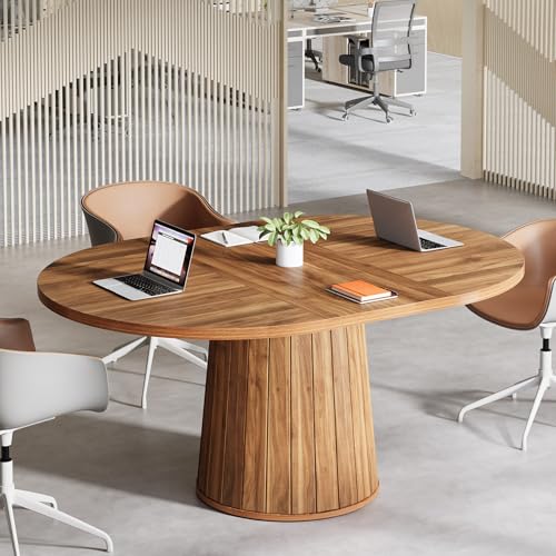 Tribesigns Oval Conference Table, 55.11 Inches Wood Meeting Table for 6 People, Rustic Meeting Seminar Boardroom Table with Wood Base for Office Conference Room (Brown) Tribesigns