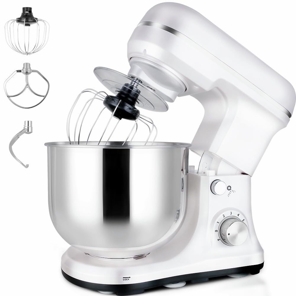 MURENKING Stand Mixer 5-QT, 6+P Speed Tilt-Head Food Mixer 300W Dough Mixer with Stainless Steel Bowl,Dough Hook,Flat Beater&Whisk Electric Kitchen Mixer for Household Baking, Anti-Slip(Pearl White) murenking