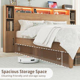 LIKIMIO Queen Bed Frame, Storage Headboard with Charging Station & LED Lights, 7 Open Shelves, 2 Side Cabinets, Storage Platform Bed, Easy Assembly, No Box Spring Needed, Natural Color LIKIMIO