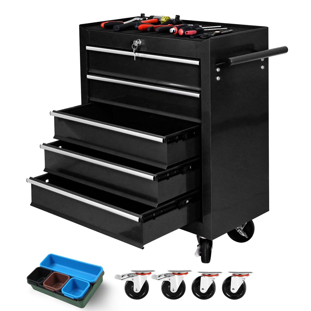 Tool Chest with Wheels,Metal Locking Rolling Tool Box with Tool Organizer Trays for Tool Storage Organizer,Garage,Portable Standing Mechanic Toolbox for Garage (5 Drawer Tool Box Black, 5 Drawer) BouPower