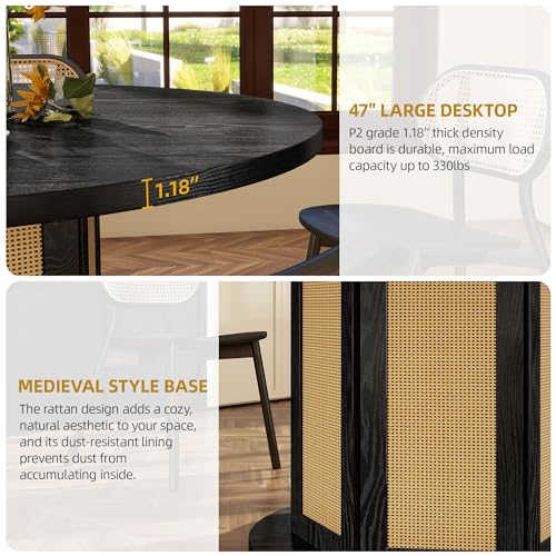 DWVO Round Dining Table for 4-6 People, 47 Inch Farmhouse Kitchen Table with Rattan Circular Base, Wooden Dinner Table for Dining Room Family Gathering, Black DWVO