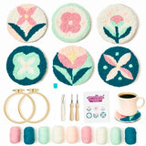 Panellomi Flower Punch Needle Kit for Beginners DIY Punchneedle Embroidery Starter Kit with Yarn, Fabric, Needle Punch Tool, Scissors, and Instructions for 6 Easy Craft Floral Design Coasters