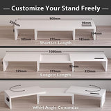 BONTEC Dual Monitor Stand Riser with Smartphone Holder, Adjustable Length & Swivel Angle Wooden Desktop Organizer Stand PC Riser for PC Monitor Laptop Printer, White BONTEC