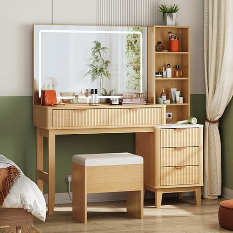 WLIVE Vanity Table with Large LED Mirror & Charging Station – Luxury Makeup Vanity Desk with 5 Drawers, Glass Top and Adjustable Lighting, Oak WLIVE