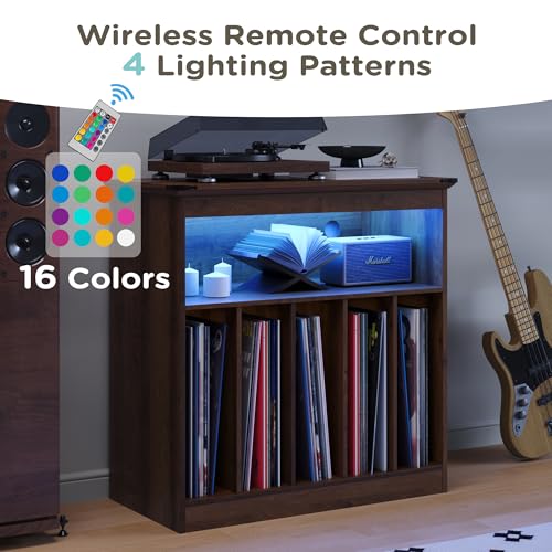 MHOM Farmhouse Large Record Player Stand with Power Outlets & LED Lights, Vinyl Record Stand hold up to 150 Albums, Turntable Stand for Living Room, Bedroom, Brown MHOM