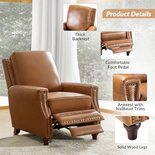 HULALA HOME Genuine Leather Manual Recliner Chair with Adjustable Backrest & Footrest, Mid Century Modern Push Back Recliner with Nailhead Trim & Wood Legs-for Living Room Home Theater, Camel