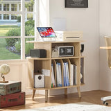 LELELINKY Large Round Record Player Stand with Charging Station & Fluted Display Shelf, Natural Mid Century Modern Turntable Cabinet with Vinyl Storage, Arched Wood Record Player Table for Living Room LELELINKY