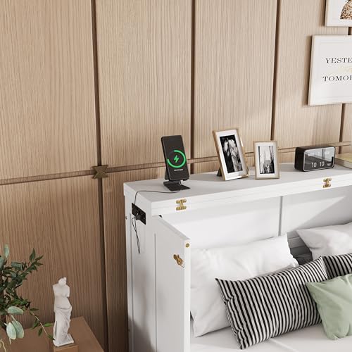 DNChuan Queen Size Murphy Cabinet Bed with 2 Storage Drawers and USB-Port,Foldable Murphy Horizontal Platform Bed,Dresser Bed,Space Saving,No Box Spring Needed,White DNChuan